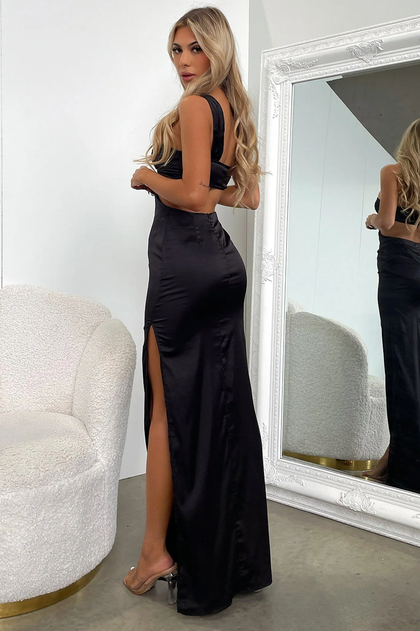 Alexia One Shoulder Satin Maxi Dress - Black