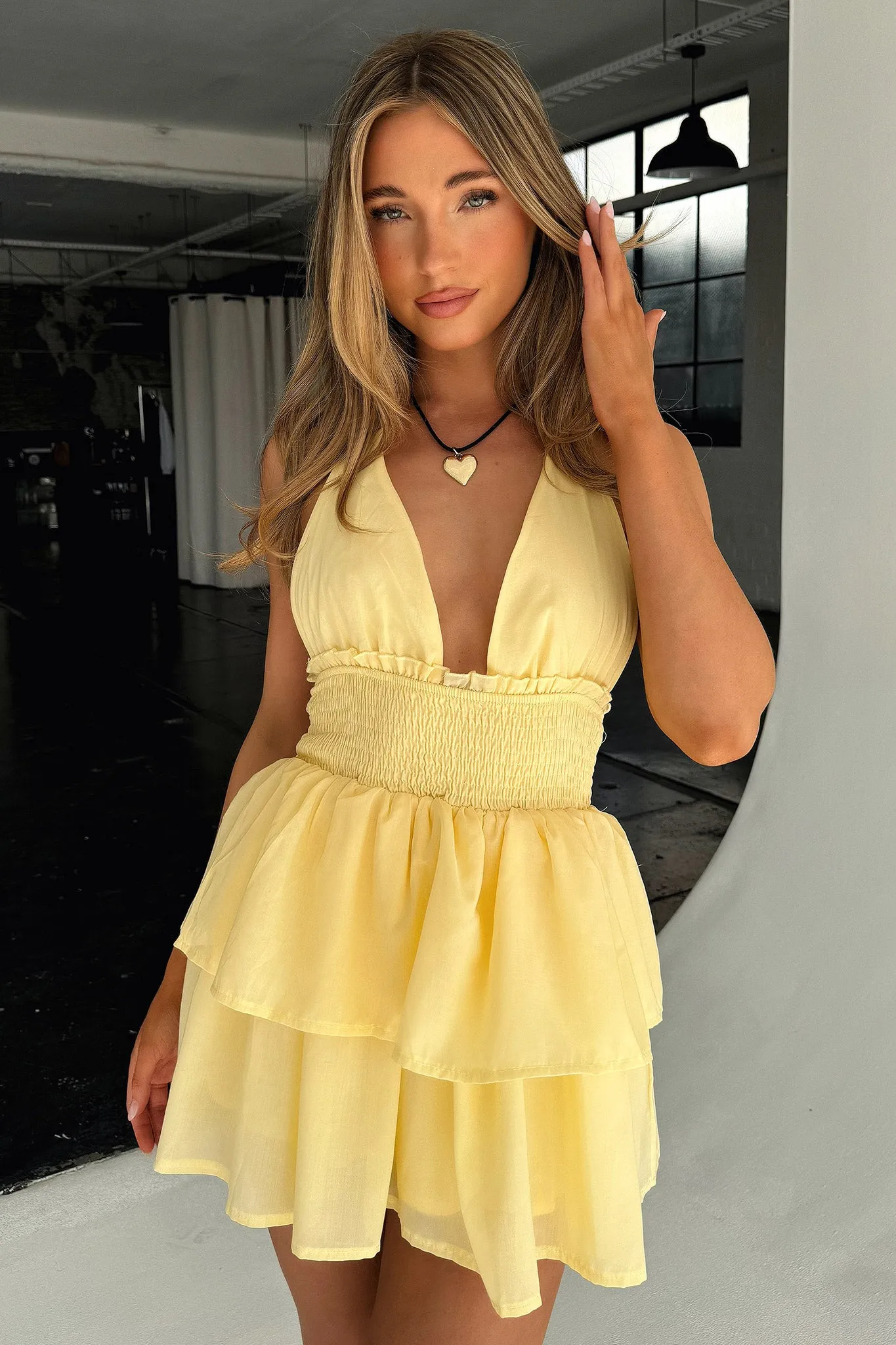 April Tiered Halter Mini Dress - Yellow