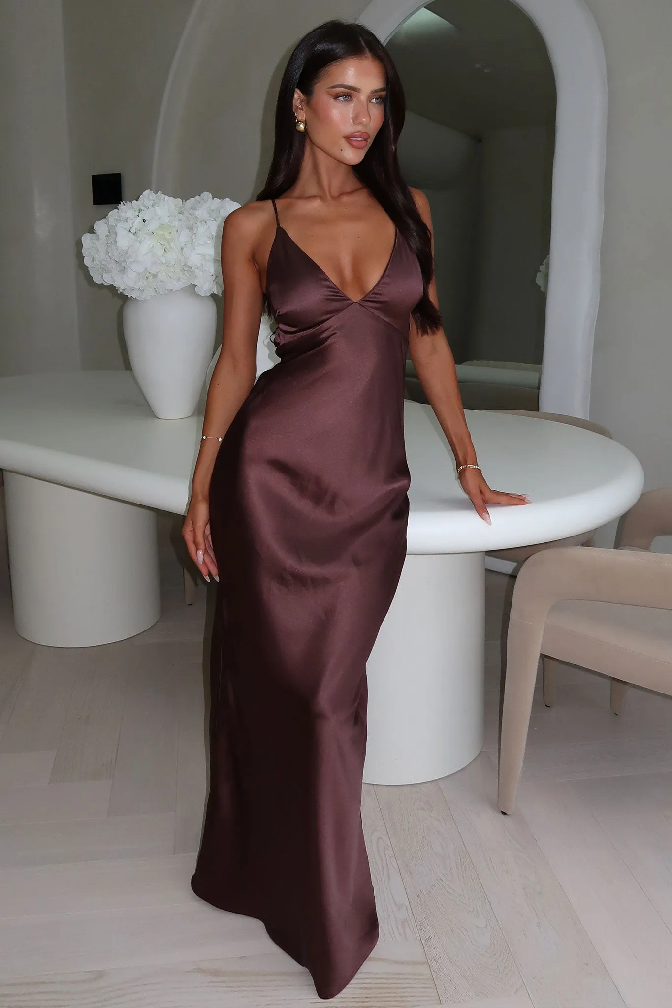 Gilbert V-Neck Satin Maxi Dress - Brown
