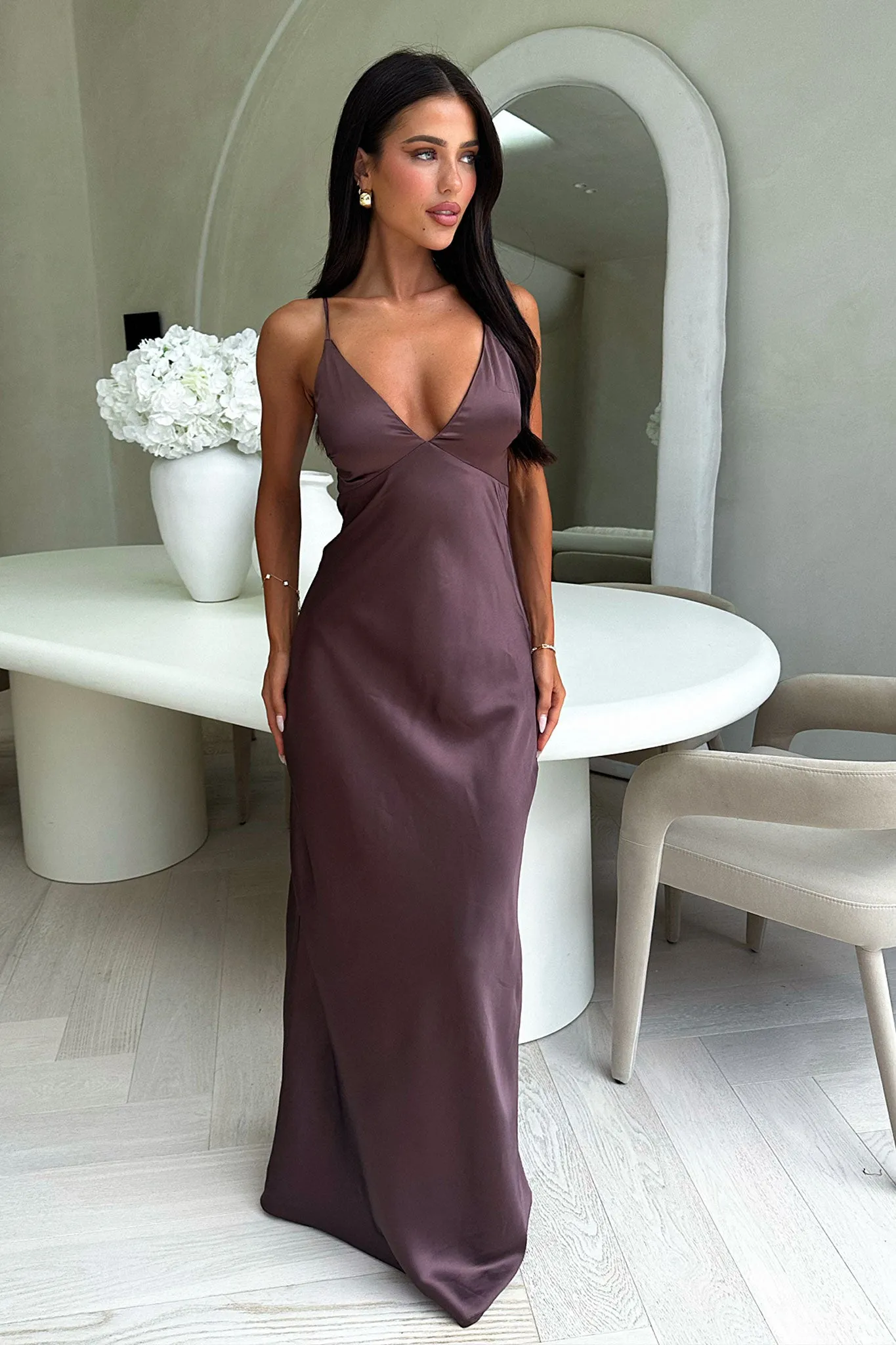 Gilbert V-Neck Satin Maxi Dress - Brown