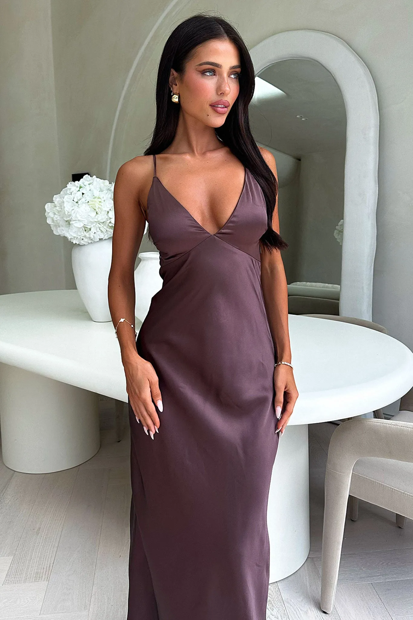 Gilbert V-Neck Satin Maxi Dress - Brown