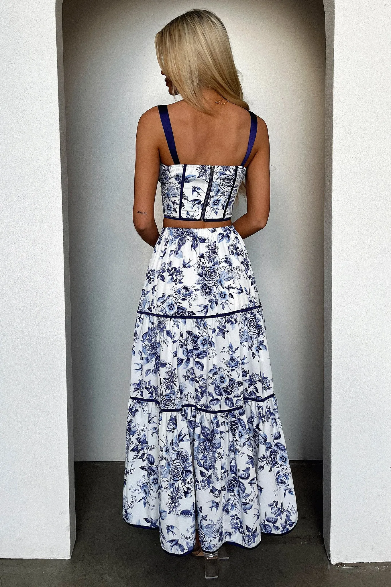 Joy Tiered Maxi Skirt - Blue Floral