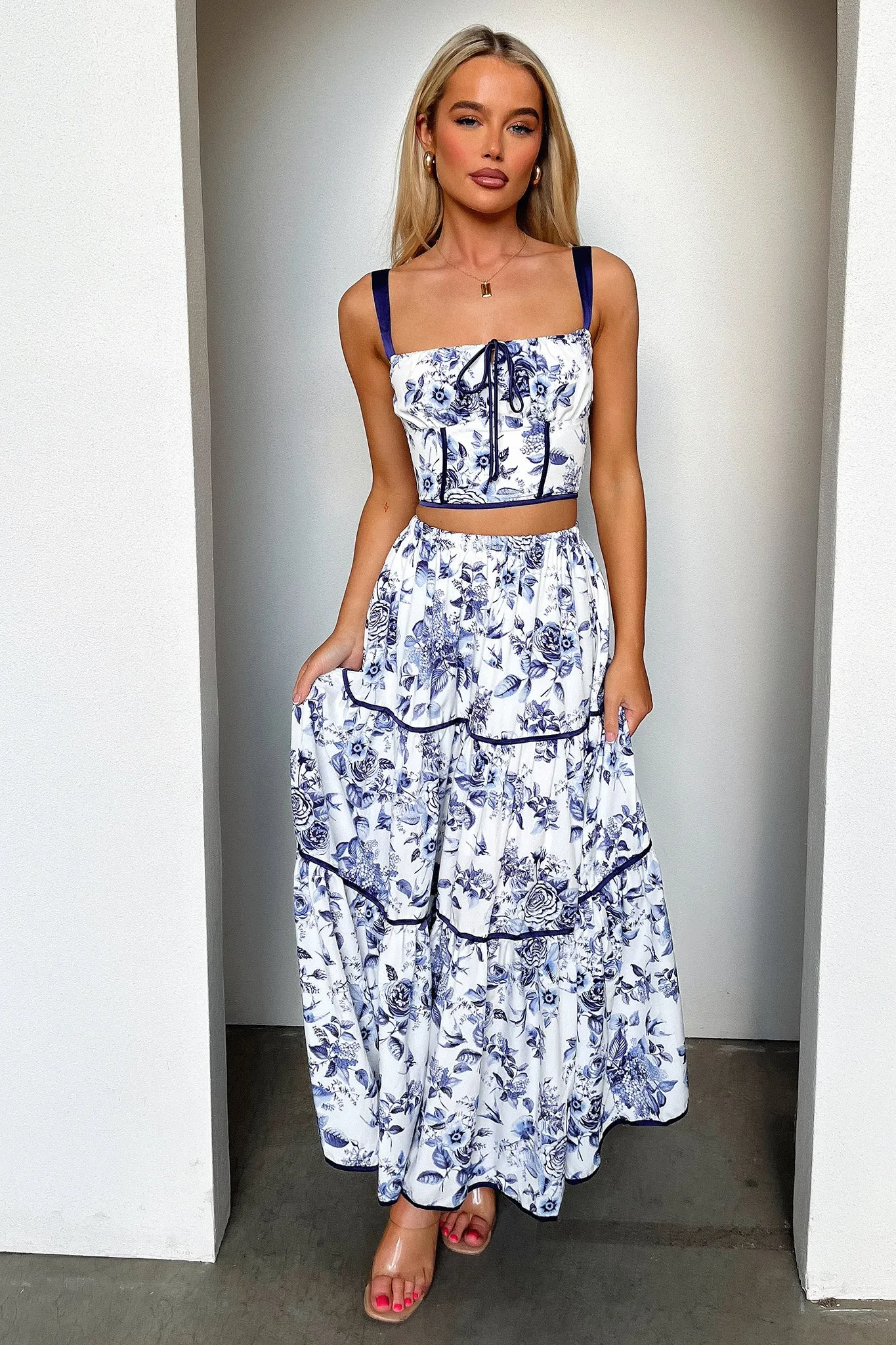 Joy Tiered Maxi Skirt - Blue Floral