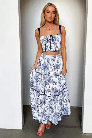 Joy Tiered Maxi Skirt - Blue Floral