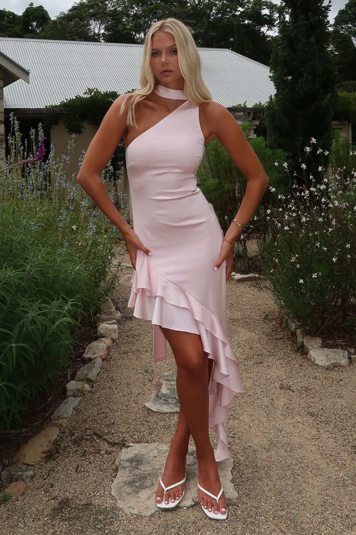 Kara One Shoulder Satin Maxi Dress - Pink