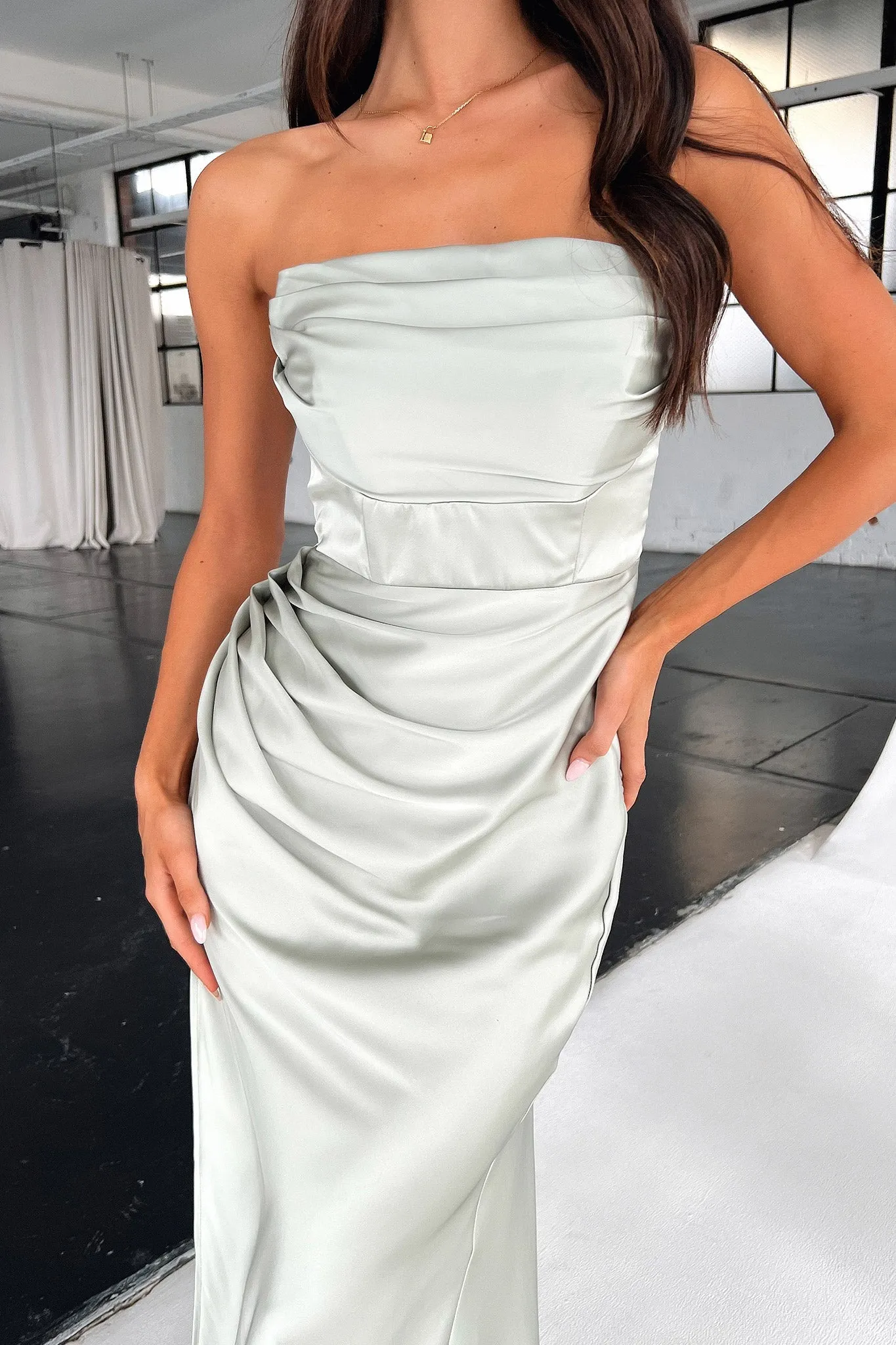Lola Strapless Satin Maxi Dress - Sage