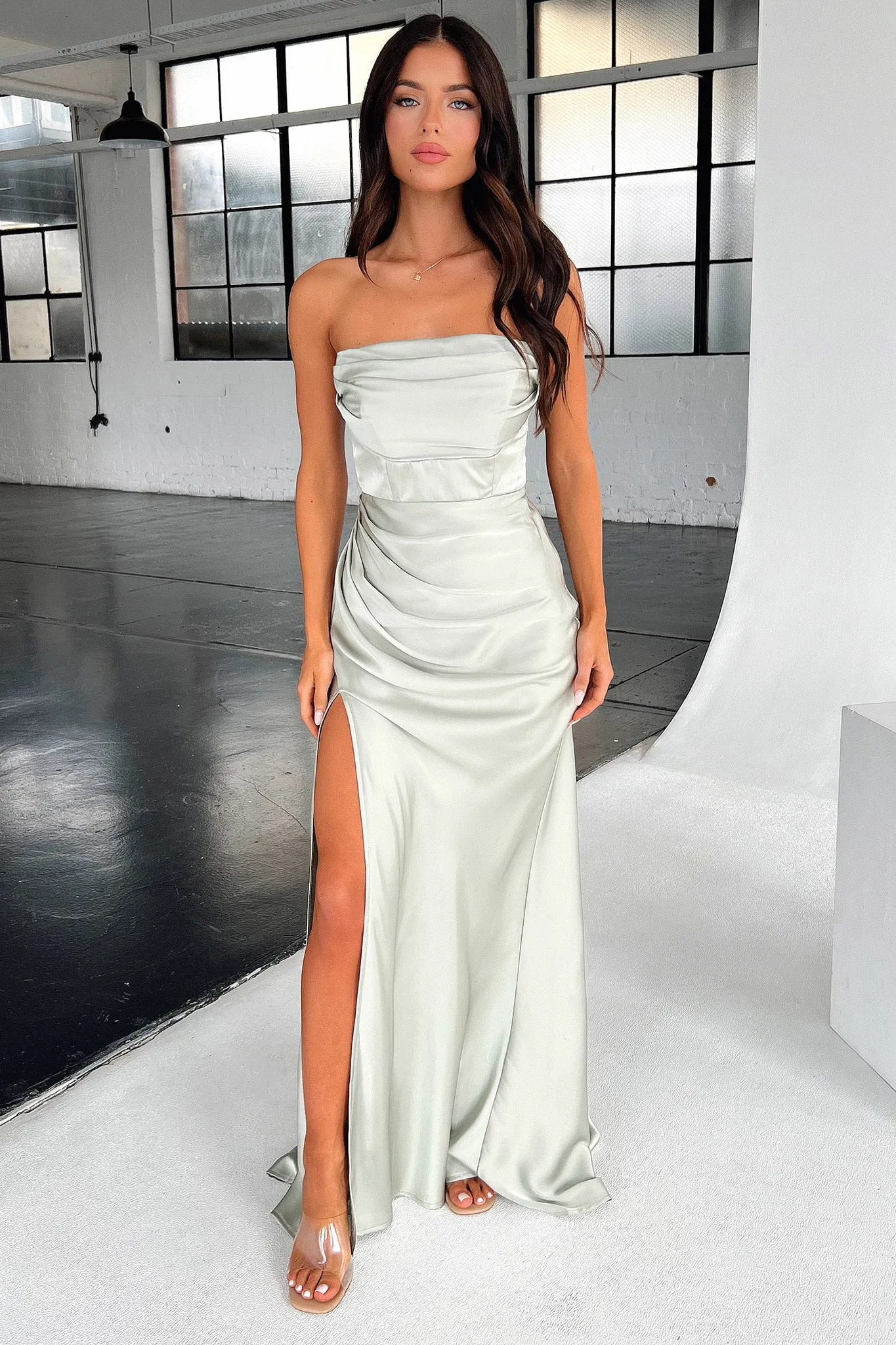 Lola Strapless Satin Maxi Dress - Sage