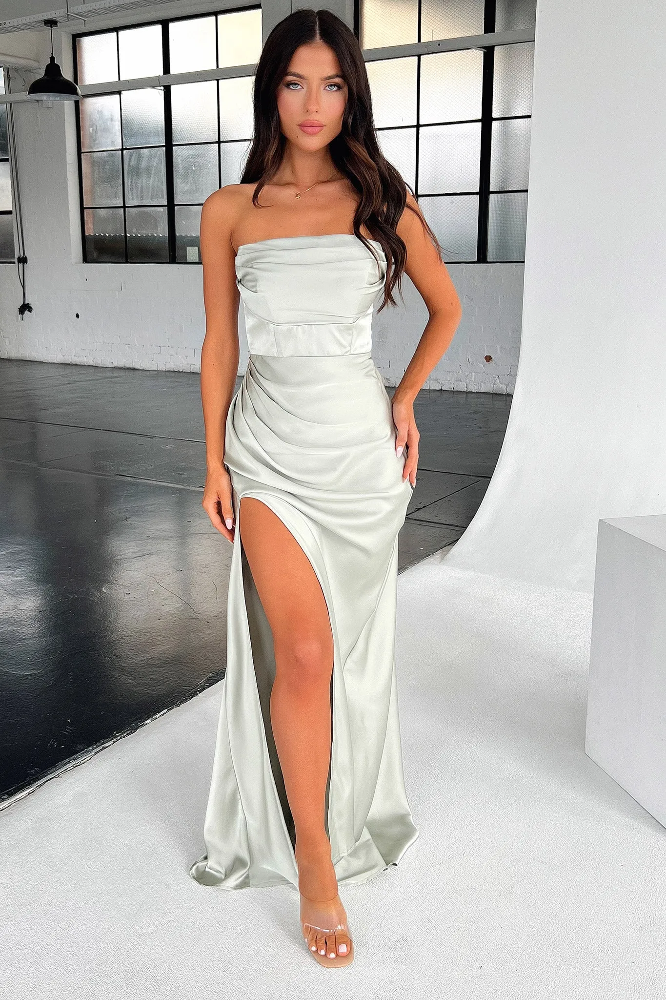 Lola Strapless Satin Maxi Dress - Sage