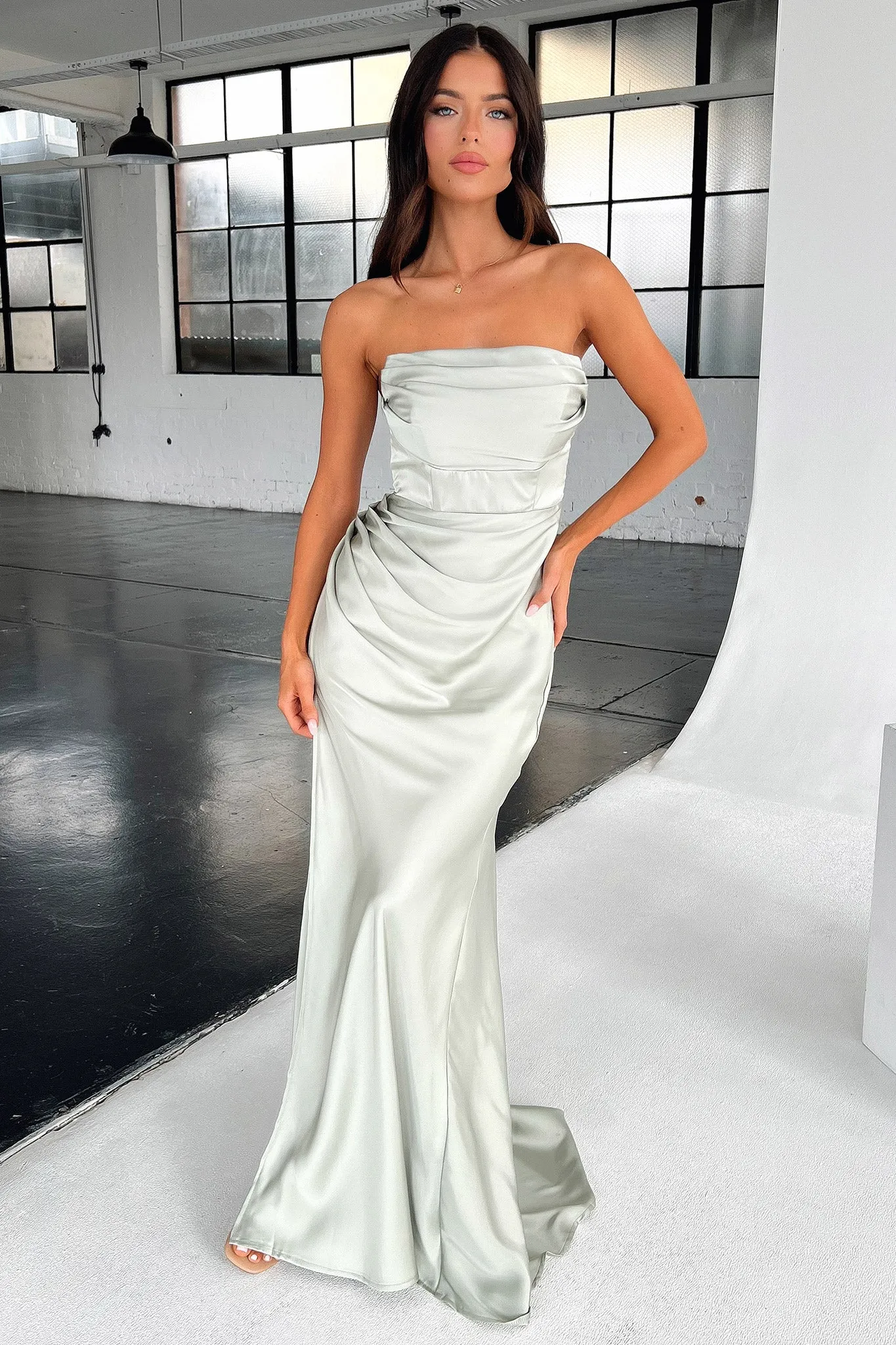 Lola Strapless Satin Maxi Dress - Sage