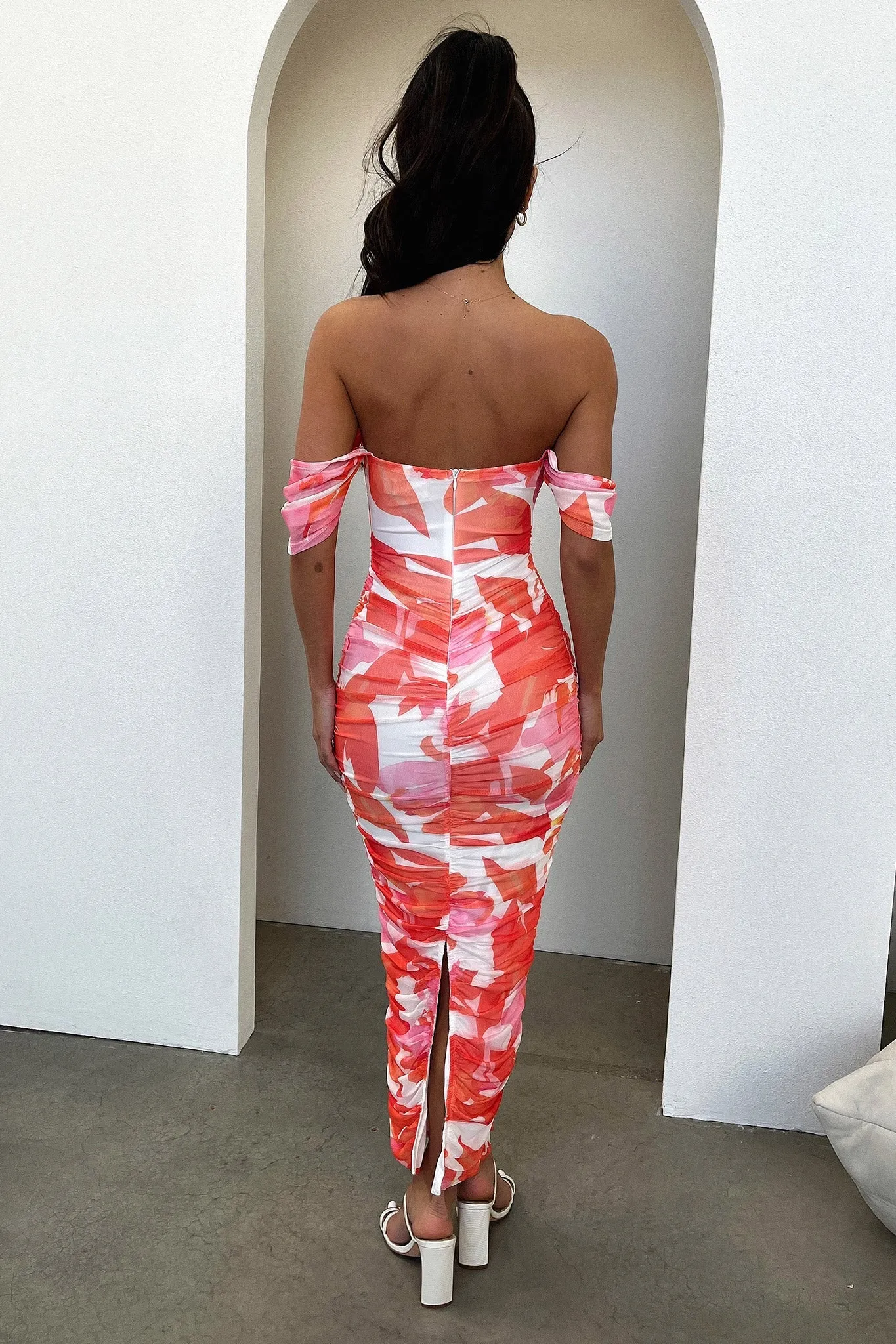 Lucinda Off Shoulder Mesh Maxi Dress - Pink/Orange Floral