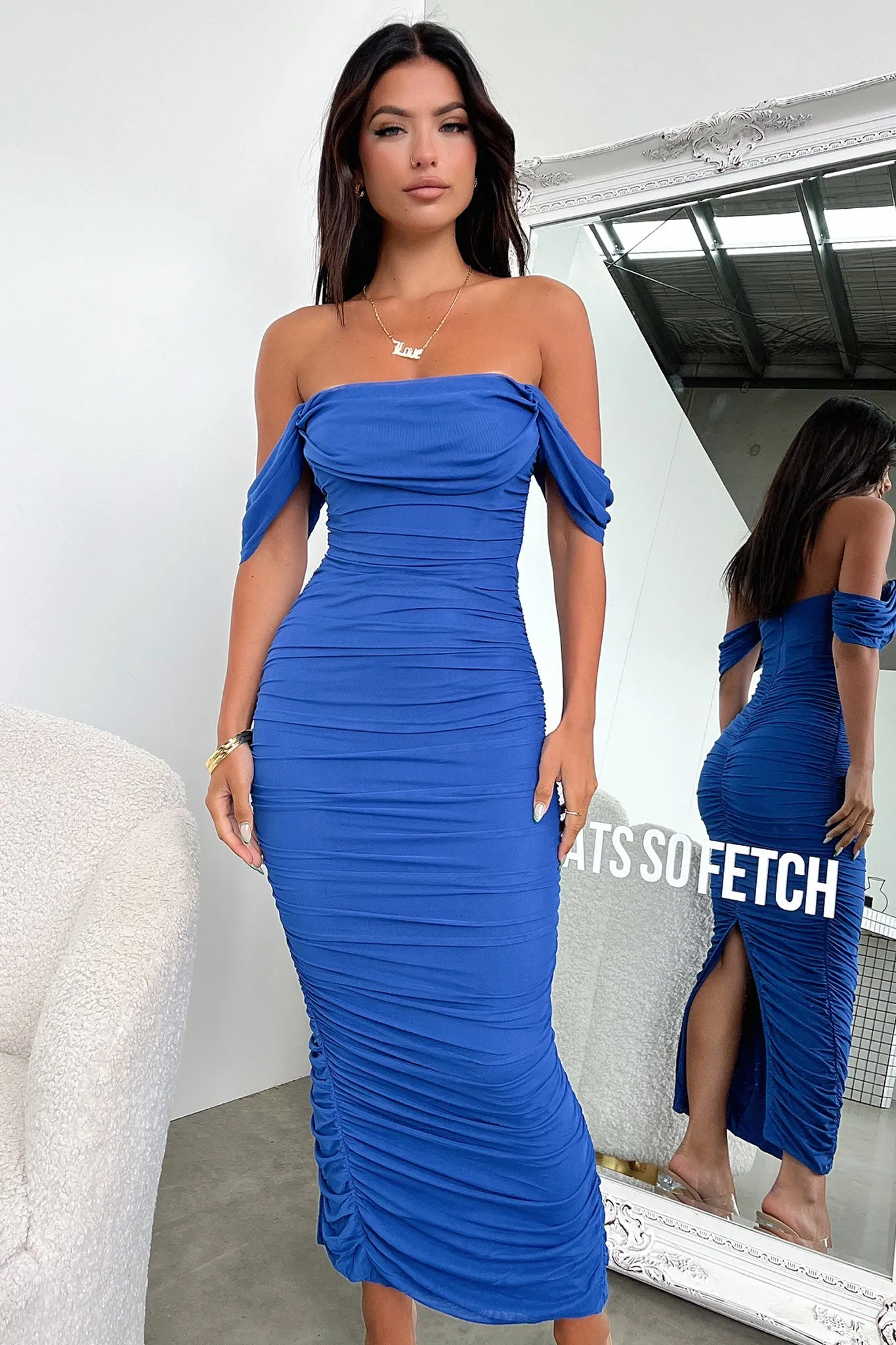 Lucinda Off Shoulder Mesh Maxi Dress - Royal Blue