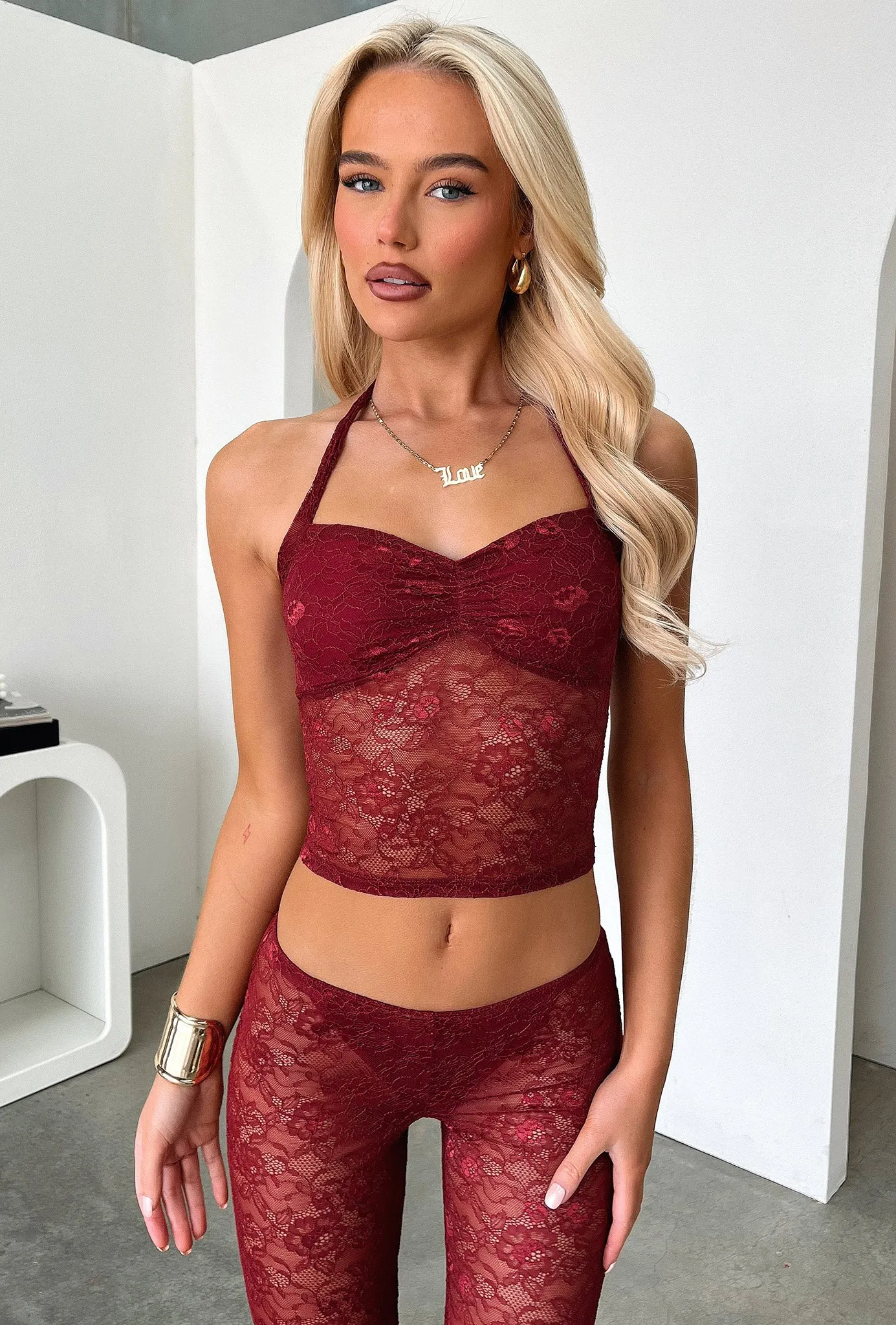 Melina Lace Halter Top - Burgundy