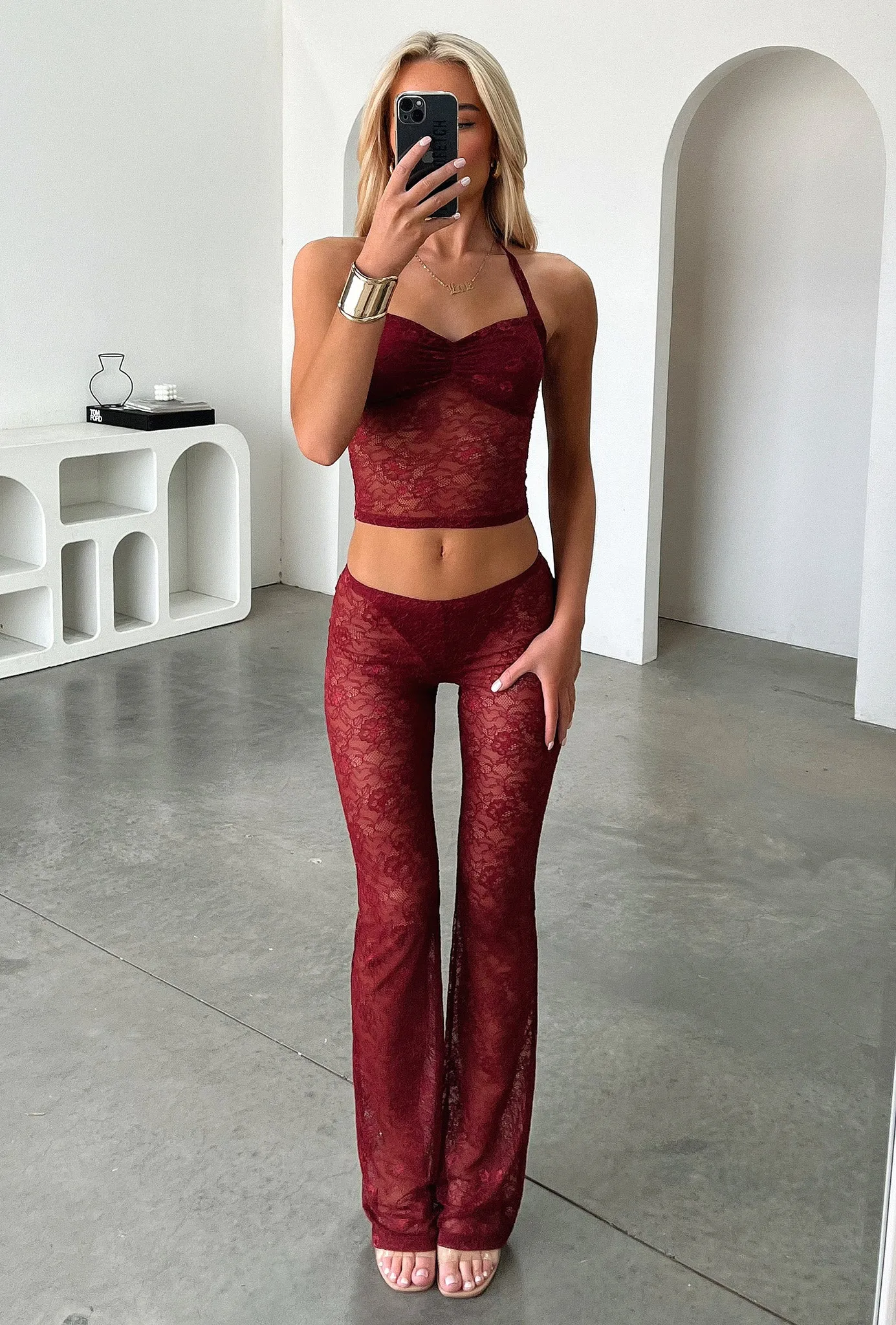 Melina Lace Halter Top - Burgundy