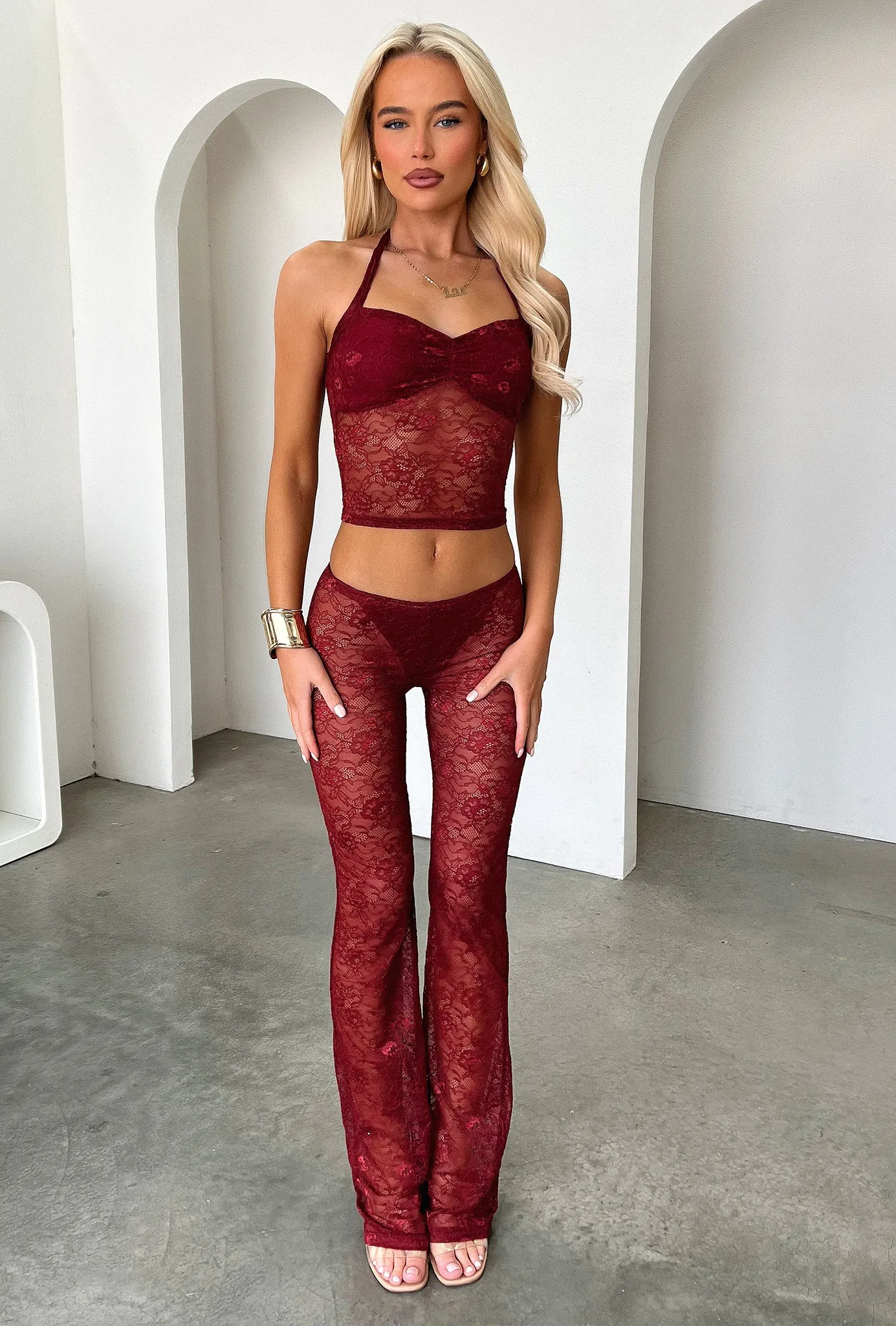Melina Lace Halter Top - Burgundy