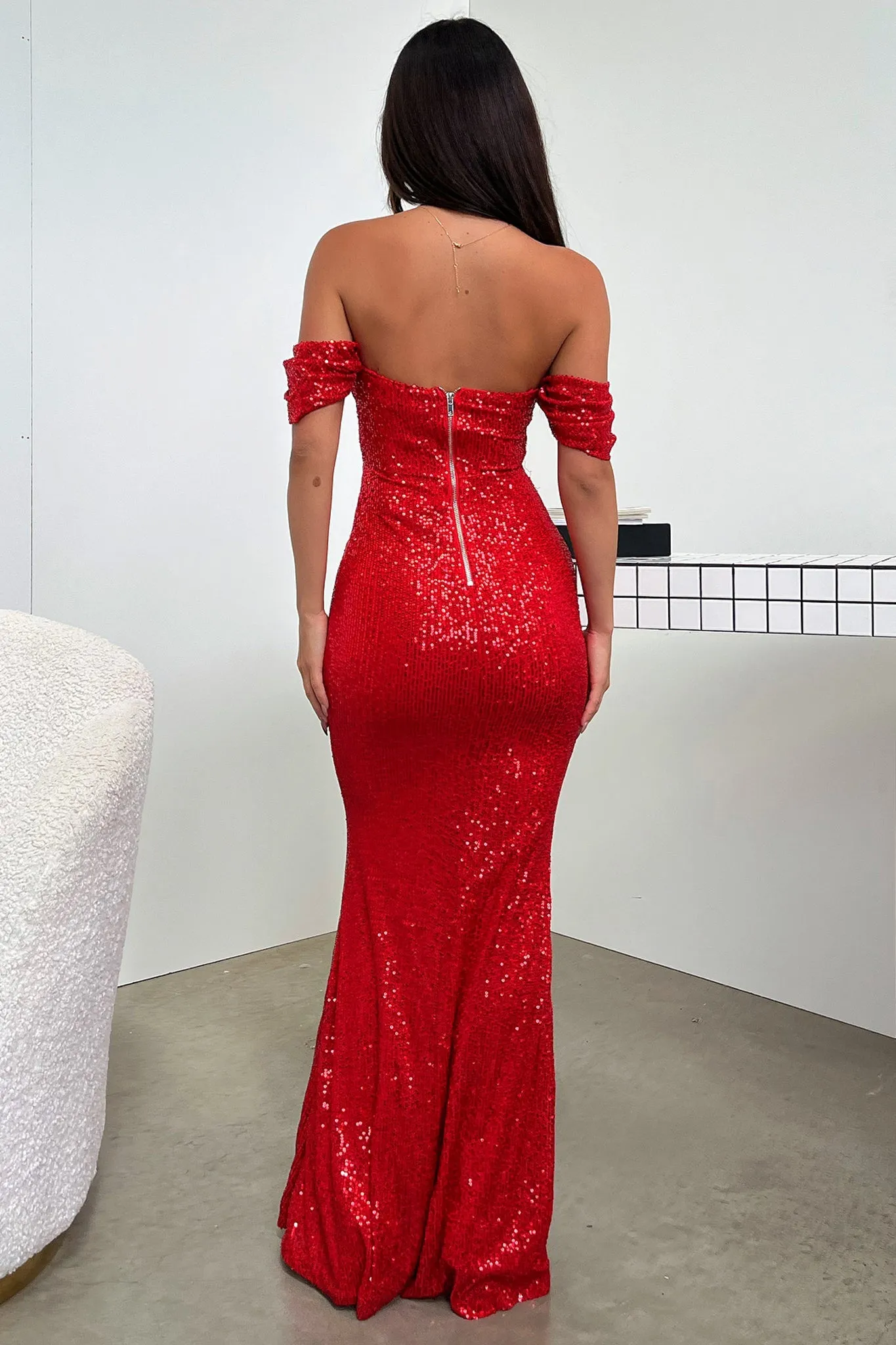 Nara Off Shoulder Sequin Maxi Dress - Red